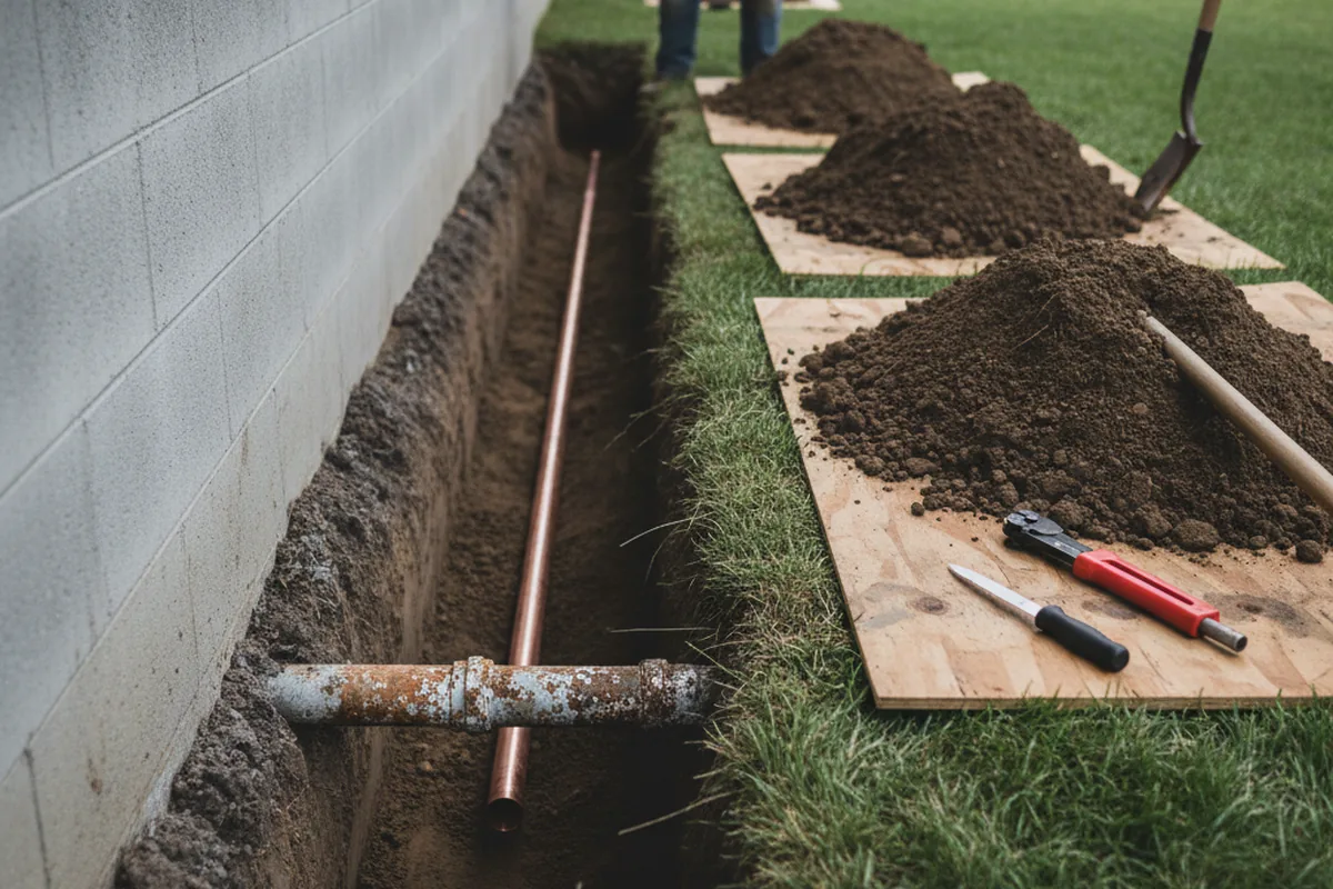 Excavated water line trench during Water Heater Repair in Cooksville